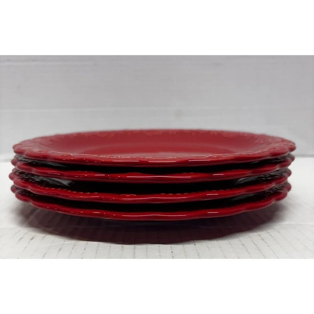 Pioneer Woman Red Salad Plates Set of 4 Floral Scalloped Stoneware 9”